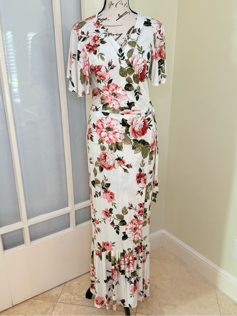 Awoo White Pink Floral Wrap Maxi Dress Size M EUC